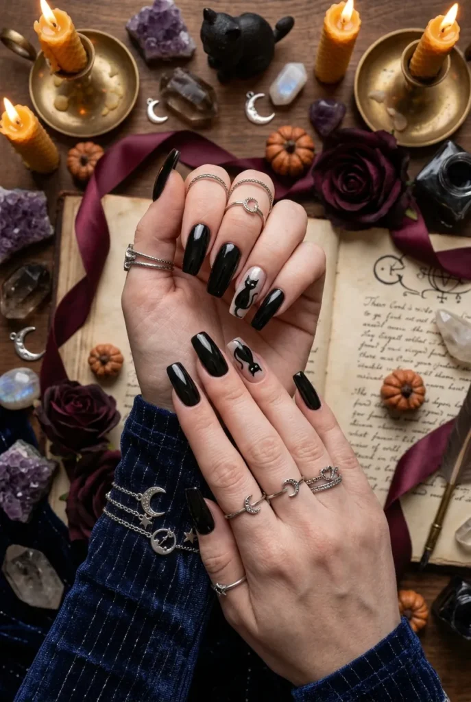 Glossy Black Cat Accent Nails