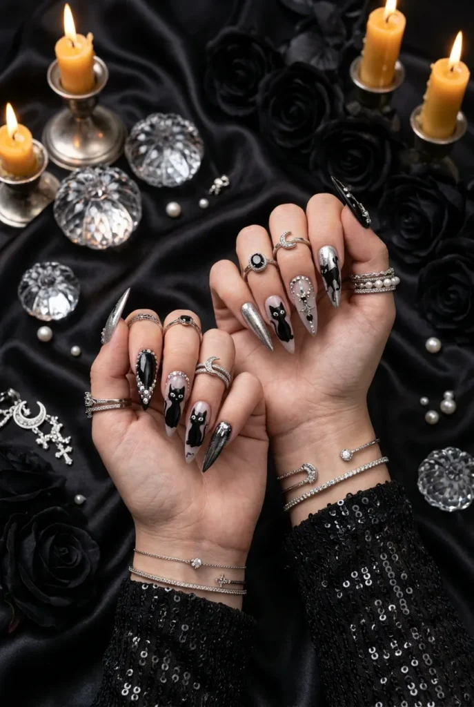 Luxury Black Cat Crystal Nails