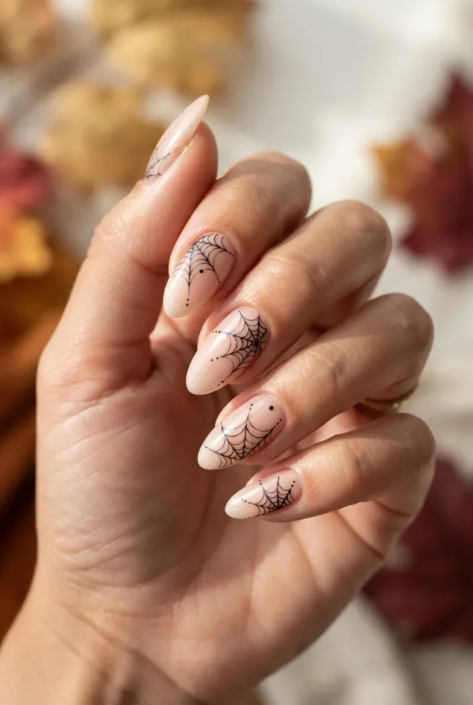  Black Spider Web Almond Nails