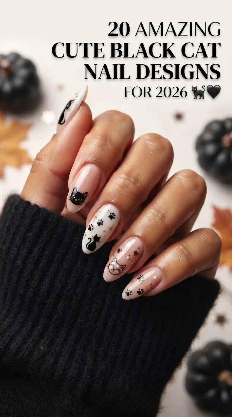 cute black cat nail design