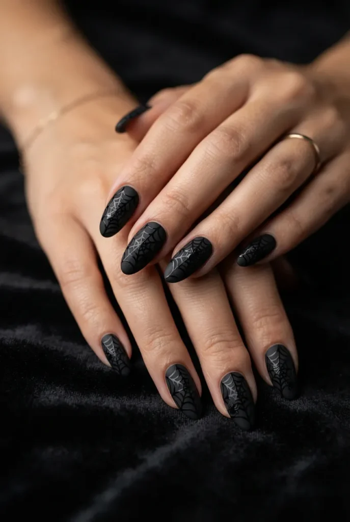  Matte Black Spider Web Nails