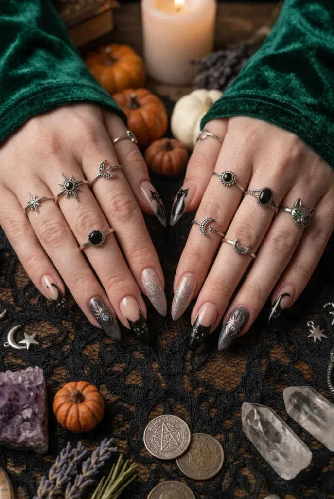 Black Cat and Spider Web Nails