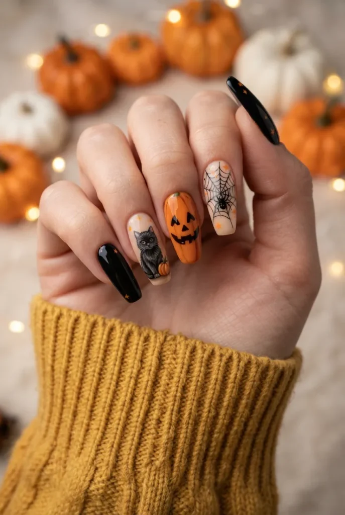 Orange and Black Halloween Web Nails