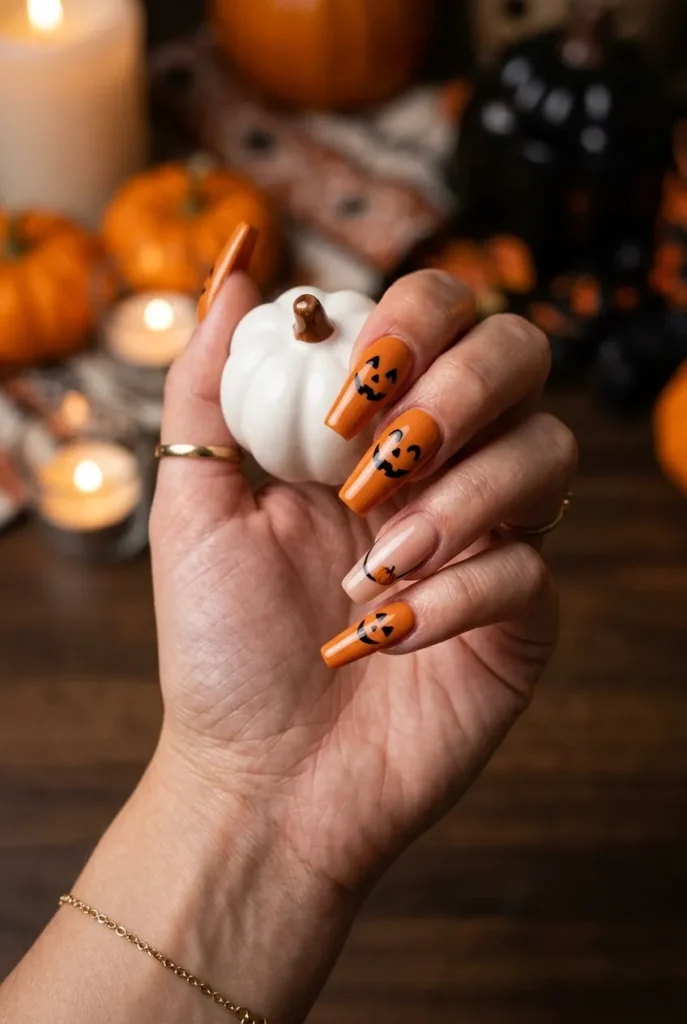 Smiling Jack-O'-Lantern Nails