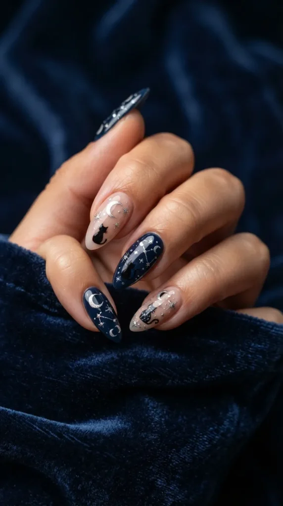 Black Cat and Stars Nails