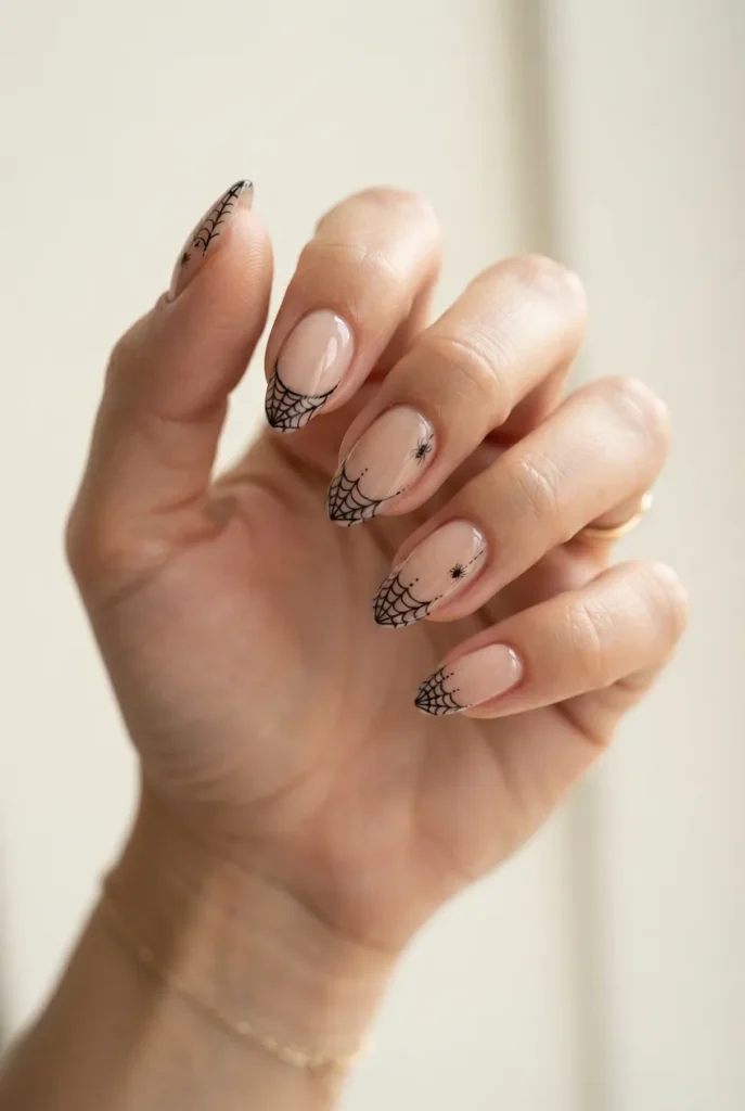  Classic Black Spider Web French Tips