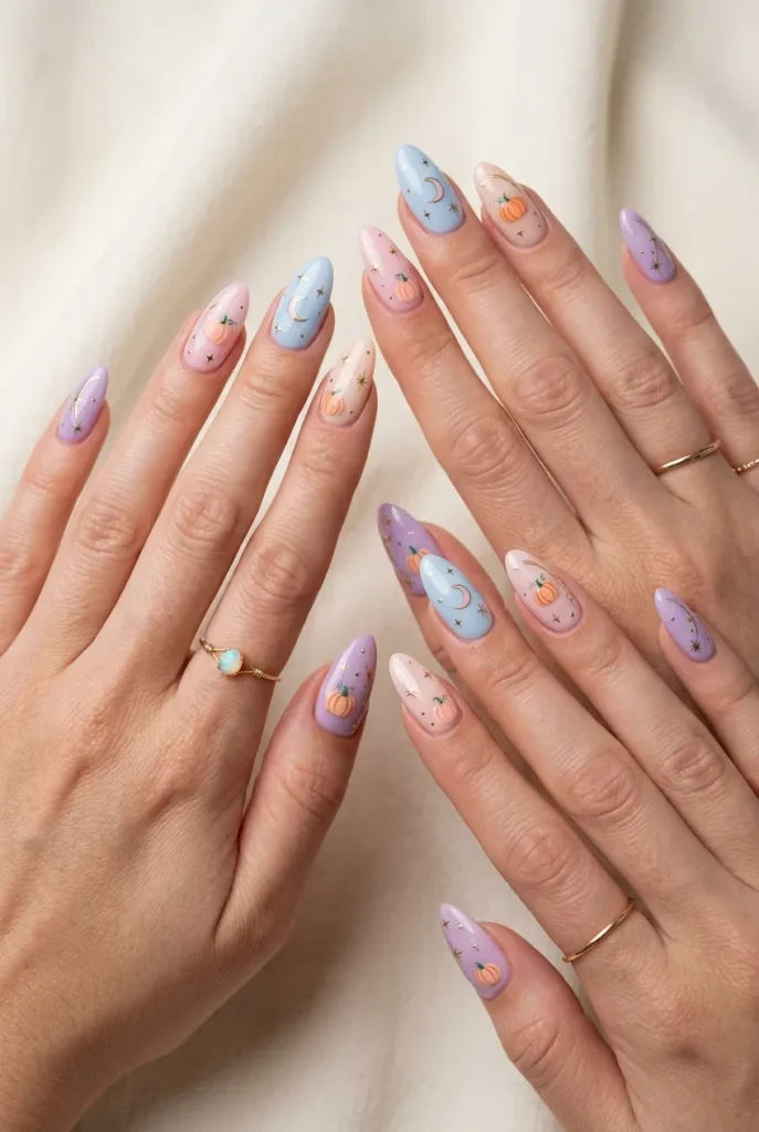 Pastel Pumpkin and Moon Nails
