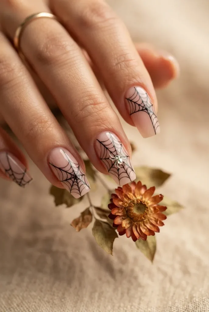 Nude and Black Spider Web Nails