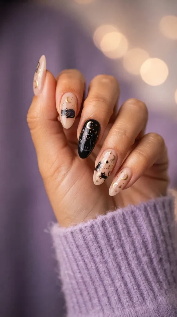 Black Cat and Crescent Moon Nails