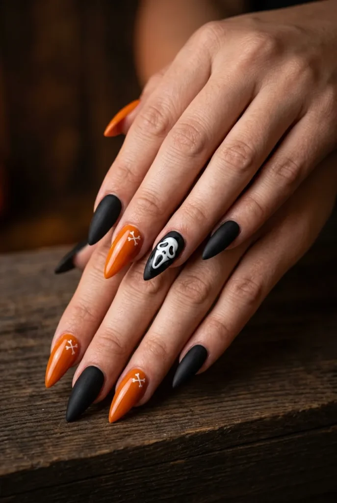 Orange & Black Pumpkin-Ghost Nails