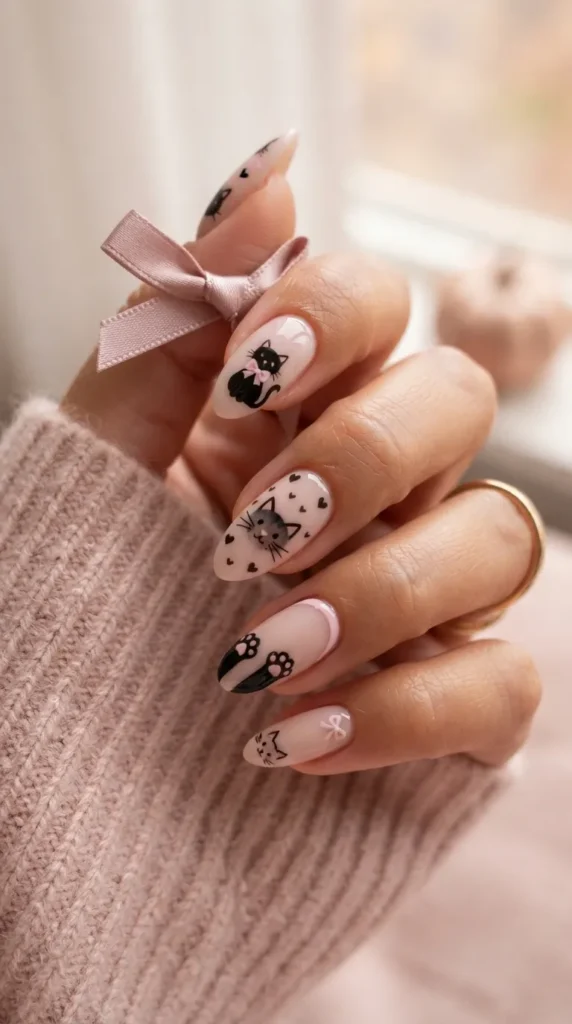 Black Cat and Pink Bow Nails