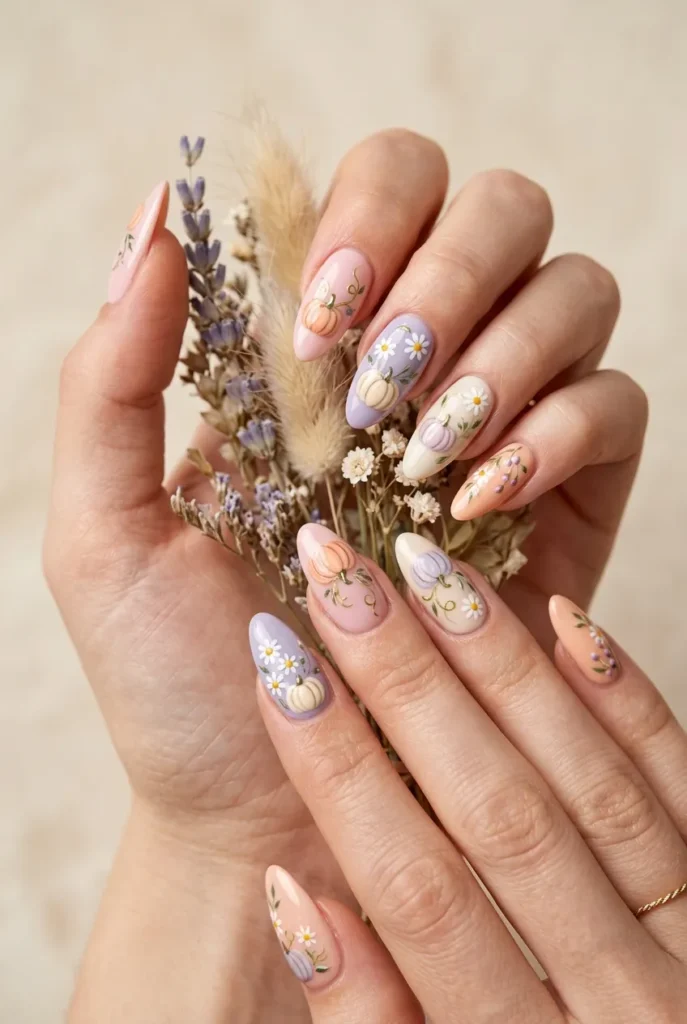Pastel Pumpkin and Daisy Nails