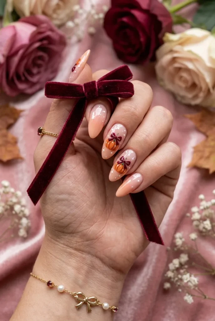 Cute Pumpkin Bow Nails